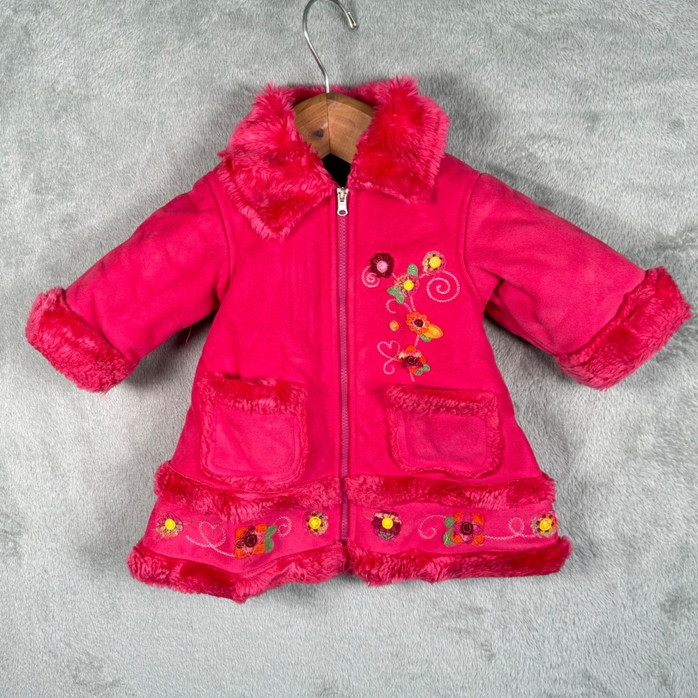 The Children's Place Jacket Kids 6-9 Months Pink L/S Faux Fur Suede Floral Coat